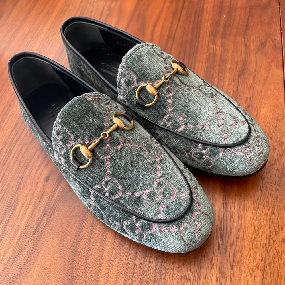 Gucci Horsebit Logo Loafers Velvet with Leather Trim Size 35 - Picture 2 of 12